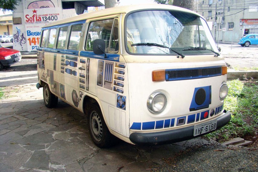 The Volkswagen Bus is a ubiquitous piece of the automotive landscape, especially in Brazil, where the vehicle stayed in production for many years past its Canadian expiration date. This R2D2-themed version of the VW Bus takes advantage of its oval-like shape and simple lines to highlight the droid’s blue details. A work in progress, the impressive detail was accomplished with a three-foot wide vinyl wrap.